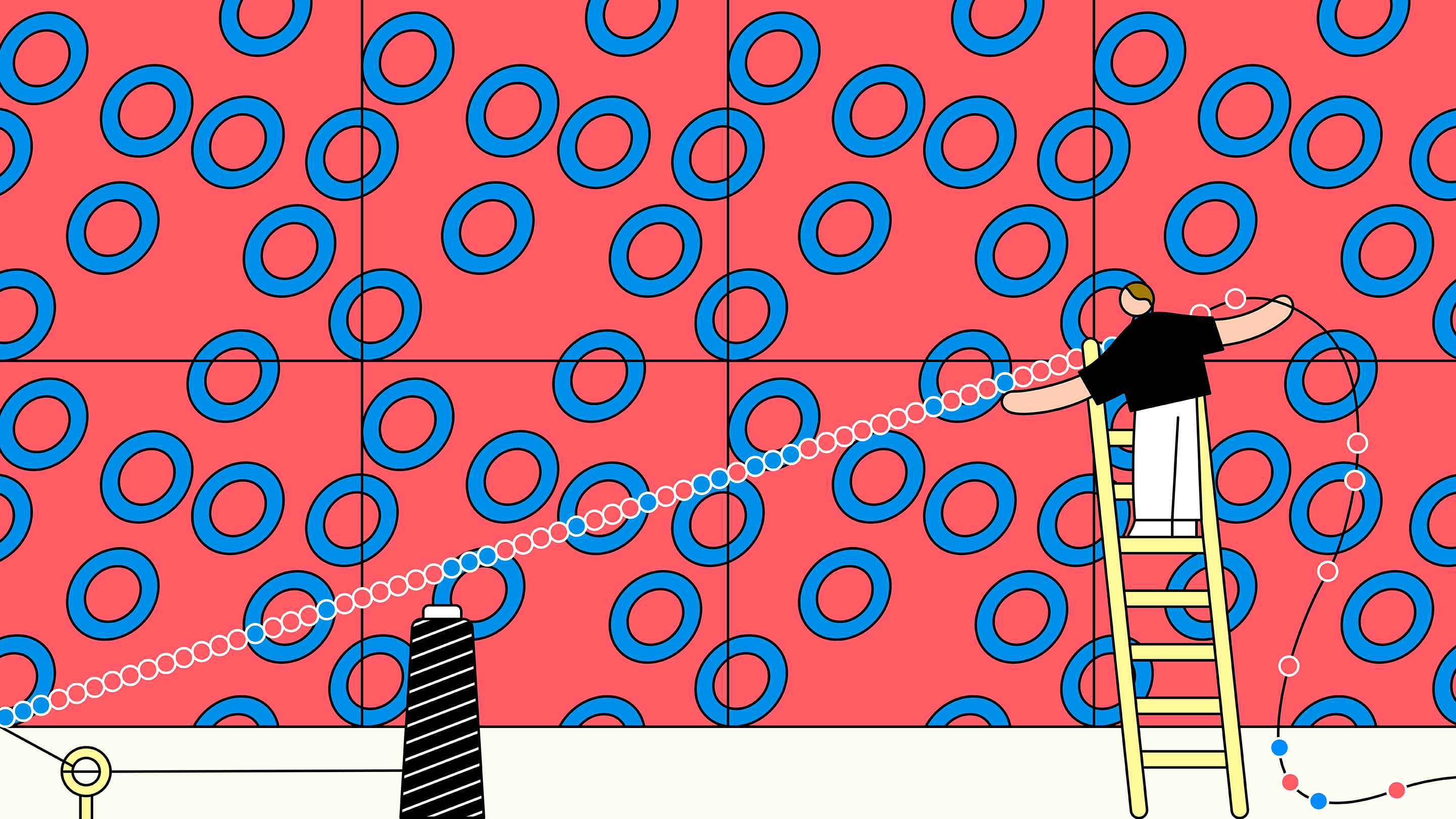 An illustration of a mathematician on a ladder stringing red and blue beads against a tiled red backdrop dotted with blue circles.