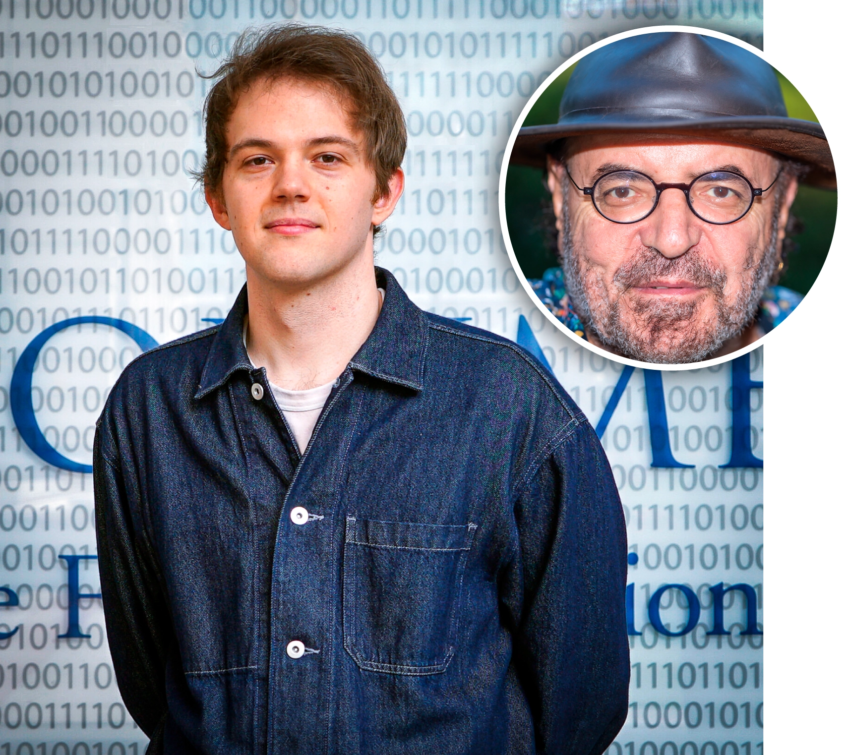 Christos Papadimitriou in a black hat and colorful shirt. Oliver Korten in a black shirt in front of a university logo.