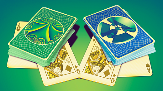 An illustration of two decks of cards showing an Ace and a Queen.